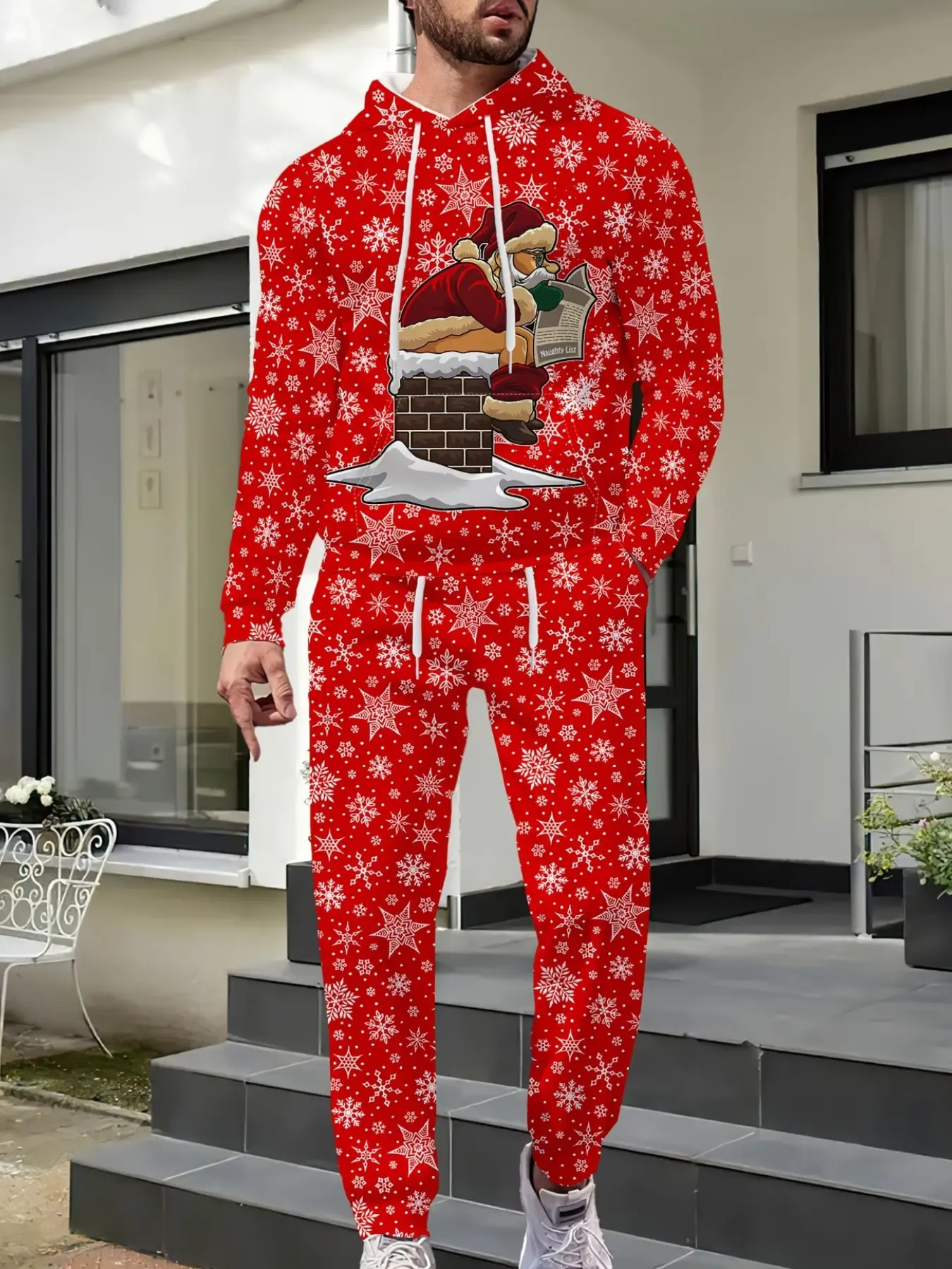 Men's Christmas Santa Print Hoodie and Sweatpants Set, Comfortable Casual Wear for Commuting and Outdoor Activities, Trendy Fashion Choice
