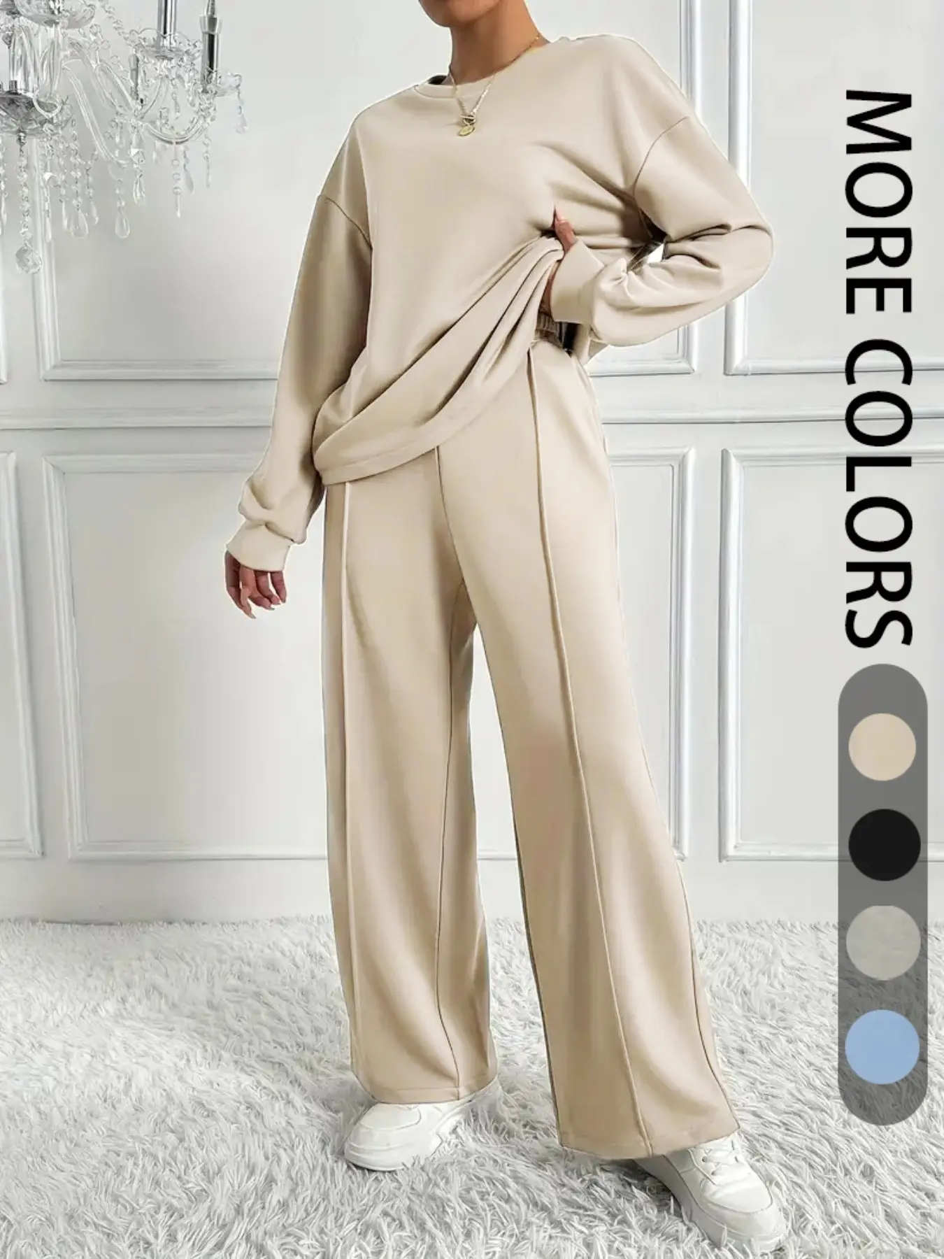 Style Casual Bestselling New Pure Color Round Neck Long Sleeve Top Baggy Loose Long Pants Set, Women's Elegant Two-Piece Clothes, Fashionable and Comfortable