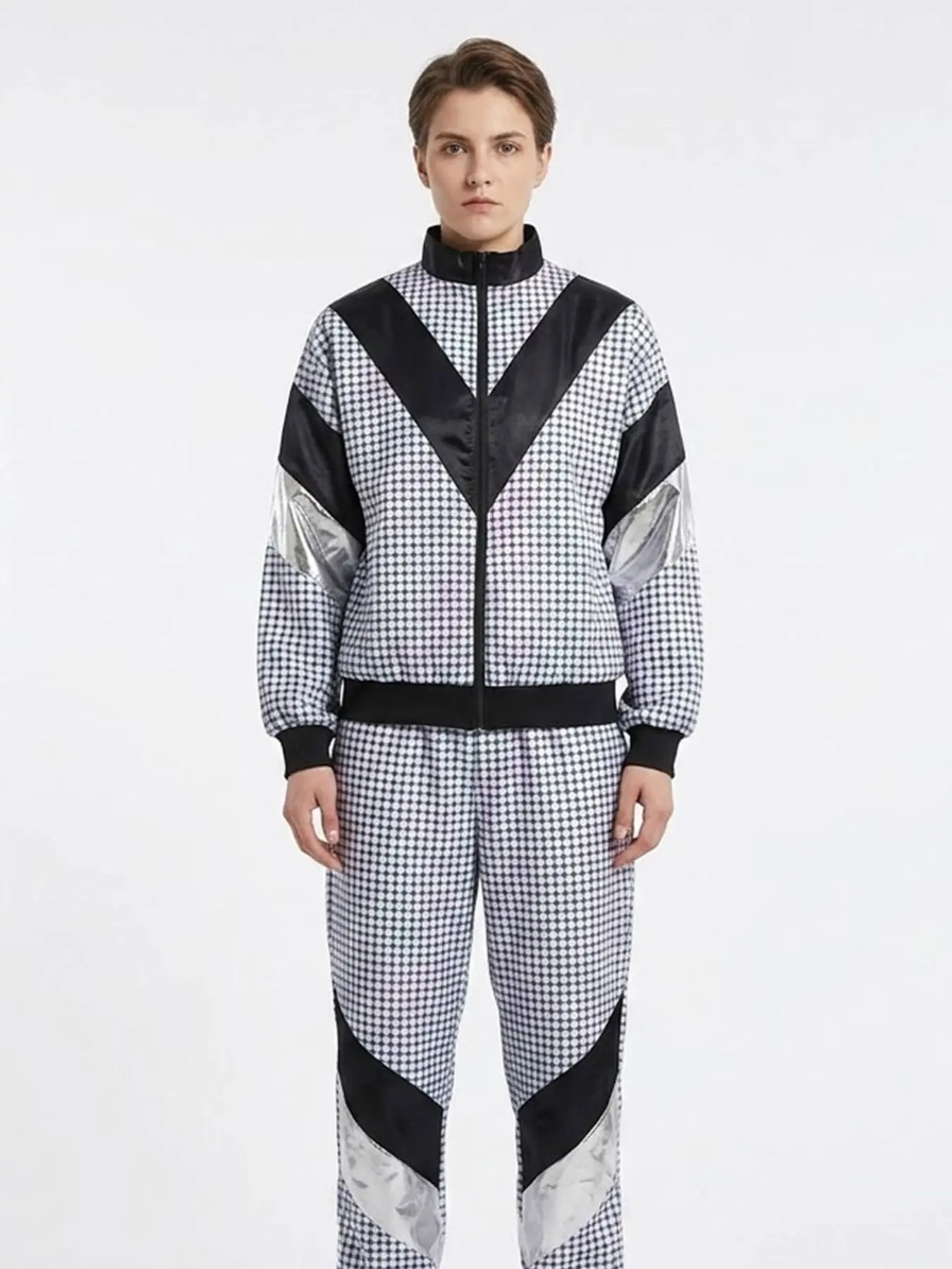 Ladies' Splicing Sports Suit, Zip-Up Jacket, Tie-Up Pants, 80s Disco Vintage Party Suit
