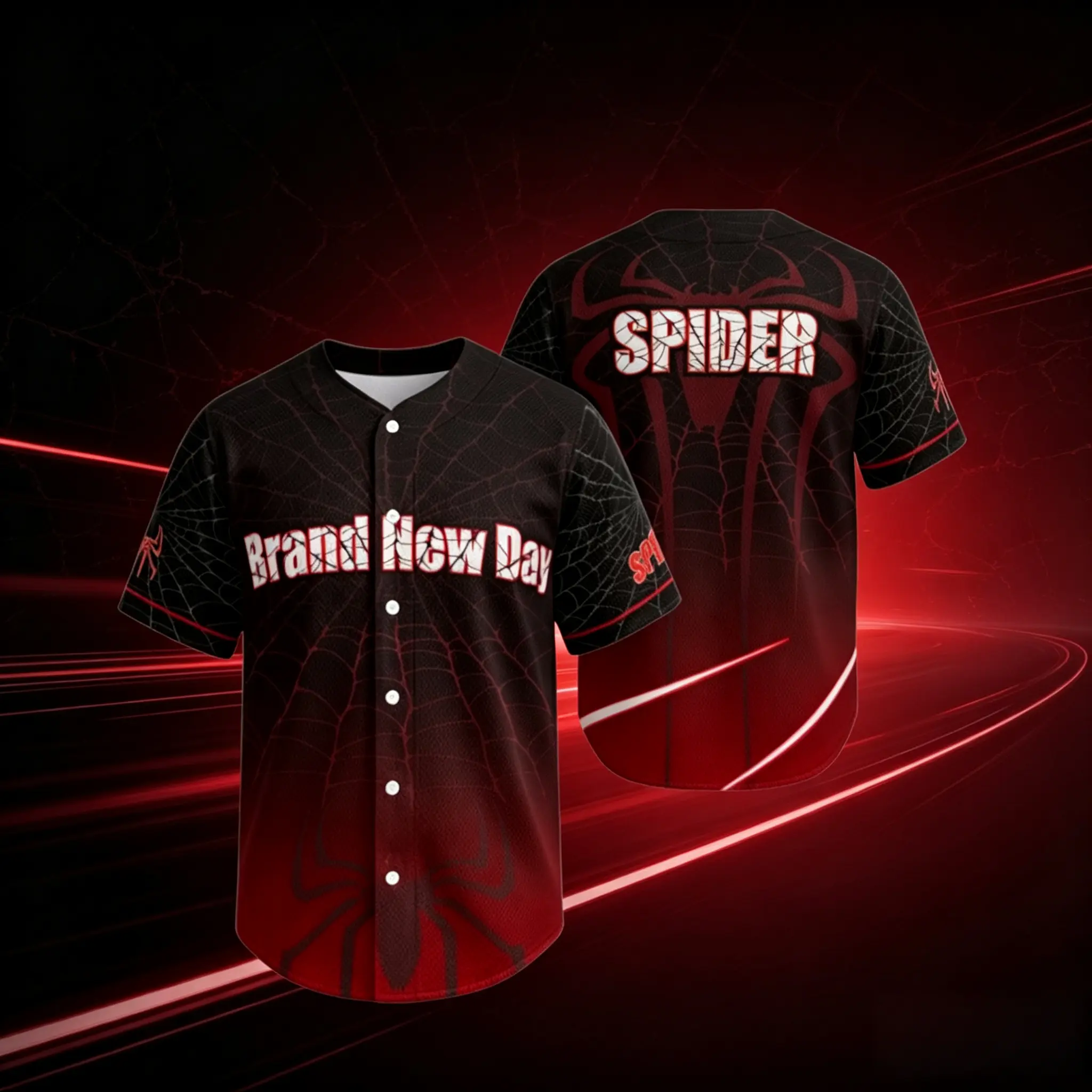 Men's Leisure Baseball T-Shirt - Spider Web Gradient Red-Black Design, 2026 Brand-New Logo, Casual Wear, Breathable Fabric, Elasticity Balanced, Gentle Wash, Multi-Size, Ideal for Summer Casual & Cinema Outfits