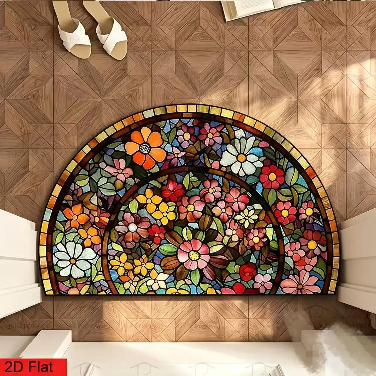 2D 1pc Classic retro style, welcome door mat with colorful flower lines, semi-circular printing design, non-slip, machine washable, suitable for courtyard, foyer, entrance area, essential for spring and summer, festival decoration, Decorative Mats