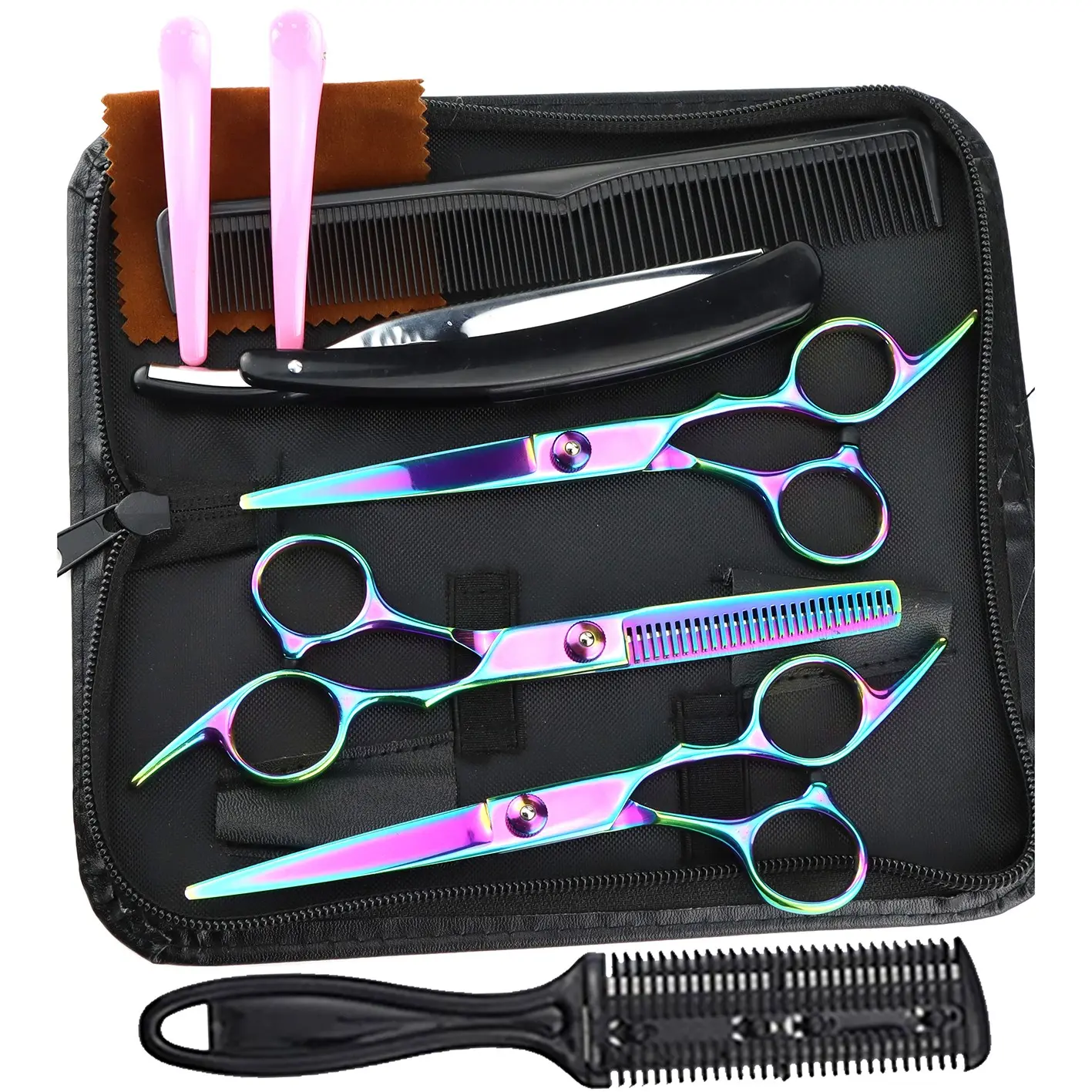 10pcs Haircutting Scissors Set, Includes Trimming and Thinning Scissors, Comb and Razor, Ergonomic Right-Hand Design, Unisex, Home Use, Hair Cutting Kits, Hair Tools
