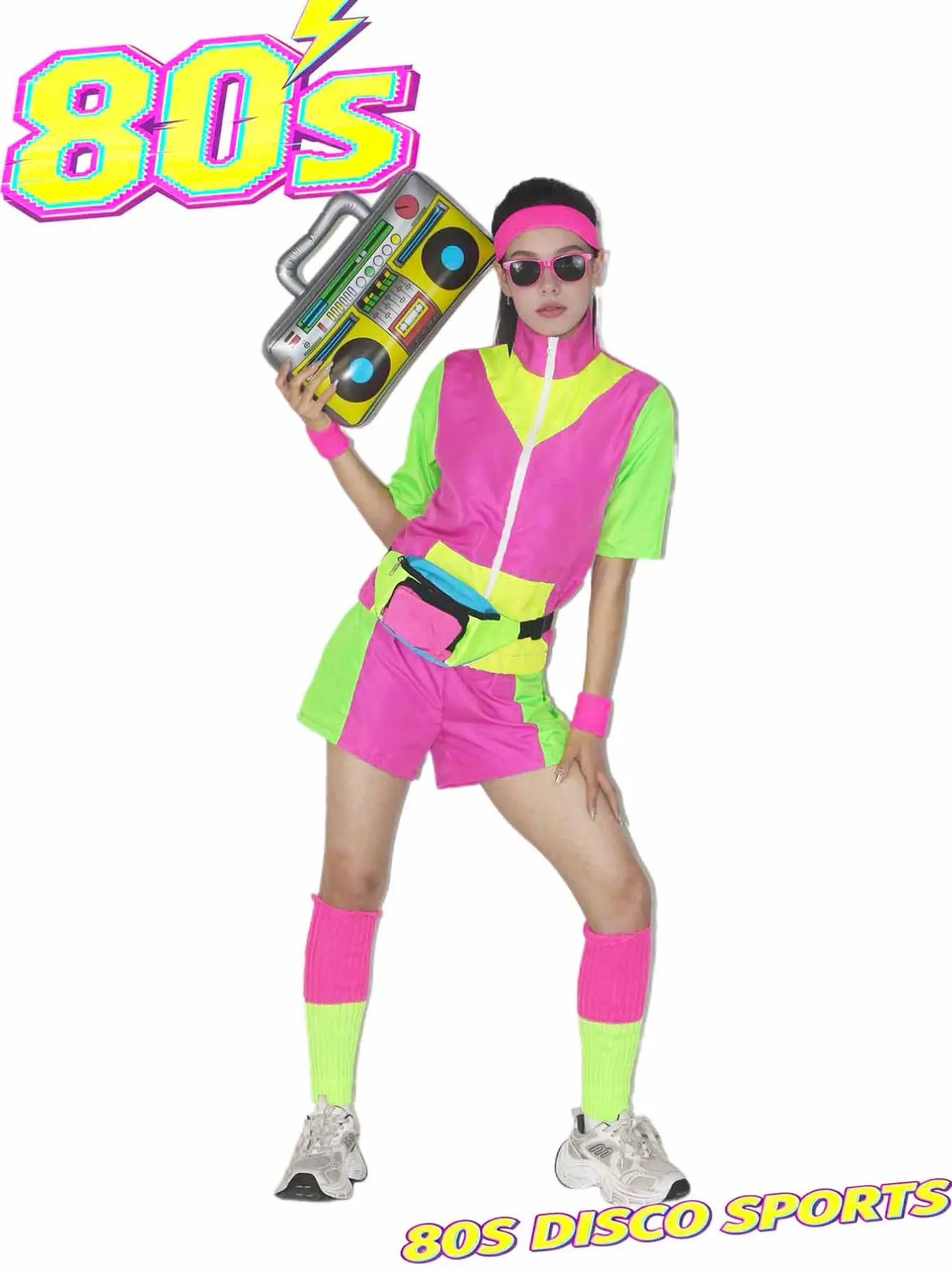 80s Retro Fluorescent Colorblock Sports Set, Patchwork Short Sleeve Shorts, Disco Vintage Party Cosplay, Costumes