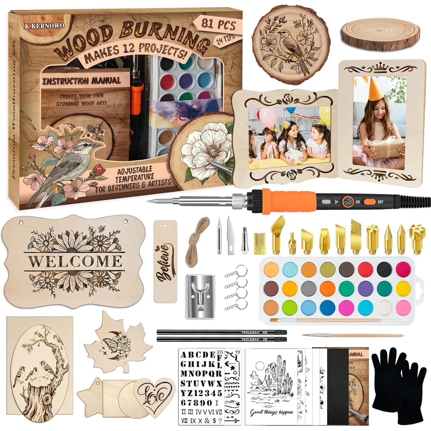 K KERNOWO Wood Burning Kit - 81Pcs All-in-One Wood Burning Tool Pen Adjustable Temperature Wood Burner Kit Crafts Gifts for Adults & Teens, Woodburning Kits for Beginner Pyrography