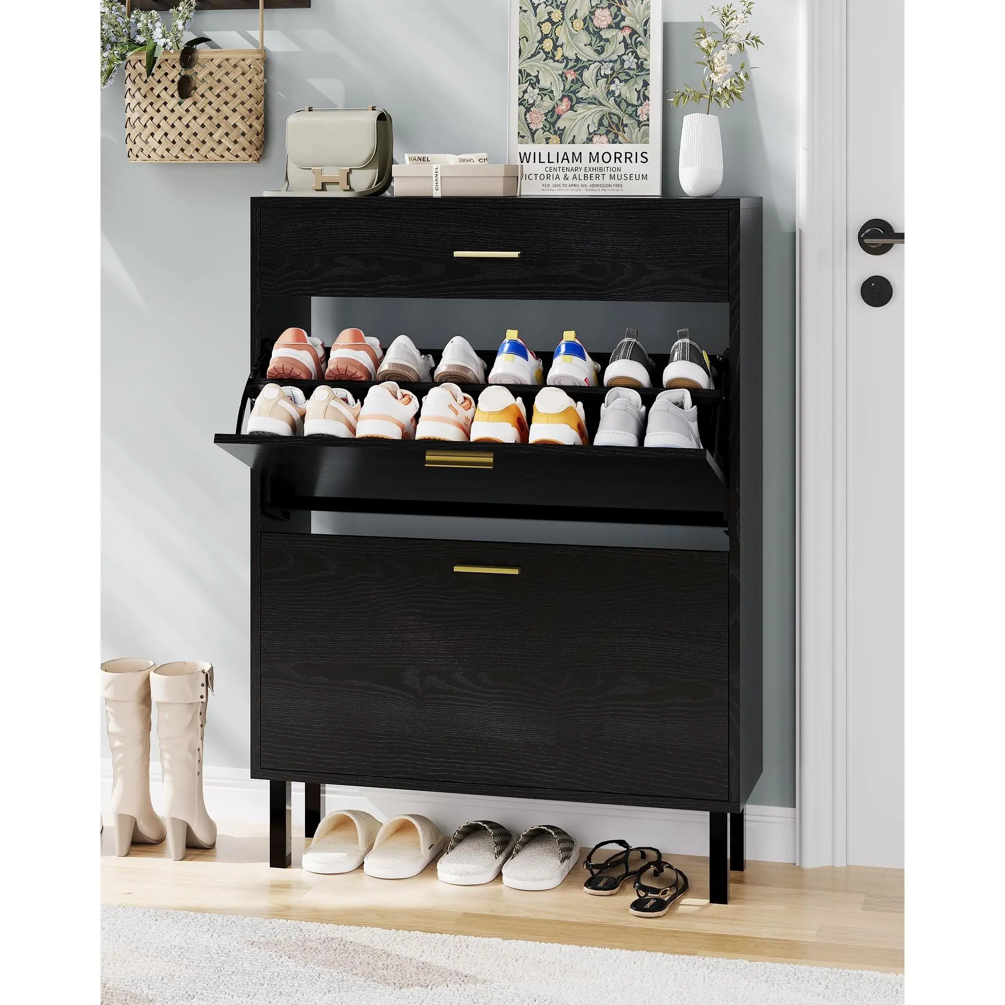 Slim 3-Tier Shoe Storage Cabinet with Dual Turn over Drawers – Adjustable Shelves, Hidden Rack, Space-Saving Entryway Organizer – Freestanding Modern Design