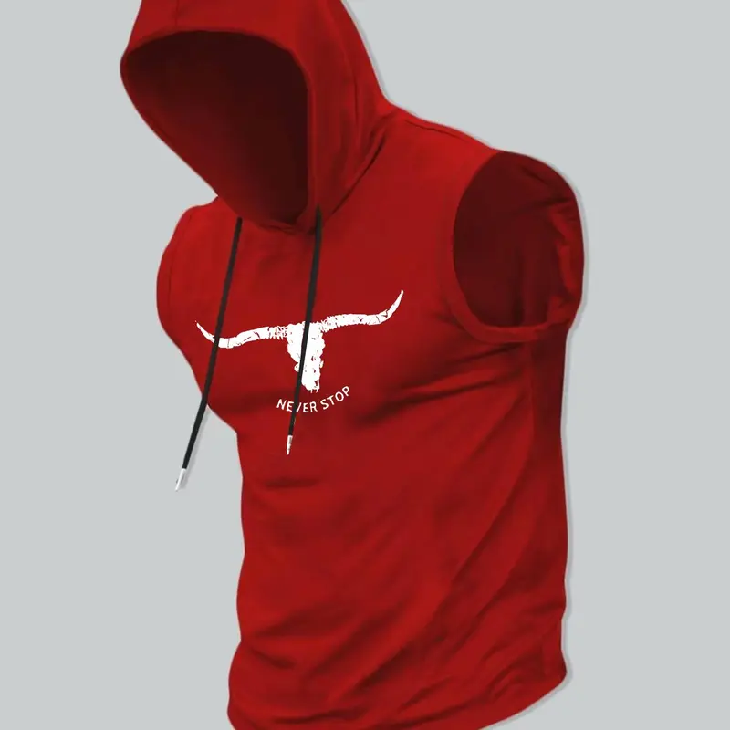Men's Regular Fit Letter & Bull Head Print Hooded Tank Top, Casual Graphic Sleeveless Top for Summer, Fashion Men's Top for Daily Wear, Workout Tank Top, Sleeveless Sports Vest, Graphic Tank Tops