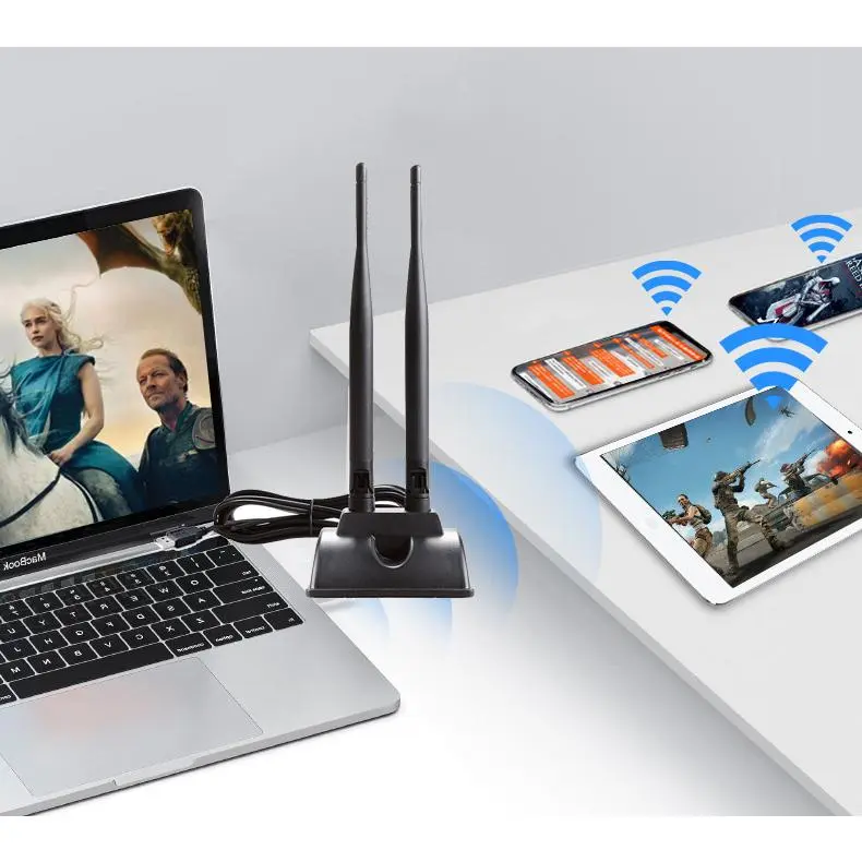 1 x Dual-Band WiFi Adapter (1200Mbps), Plug-in USB Port Wireless Dongle with High-Gain Antennas, 1.2m Extension Cable, Driver-Free Installation for Linux/Windows PCs, Portable Compact Easy-to-Carry Network Card
