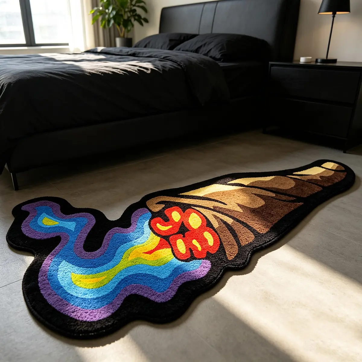 Rainbow Cigar Shaped Irregular Rug | American Graffiti Rainbow Smoke Thin Flannel Mat, Trendy Decor for Bedroom & Gaming Room