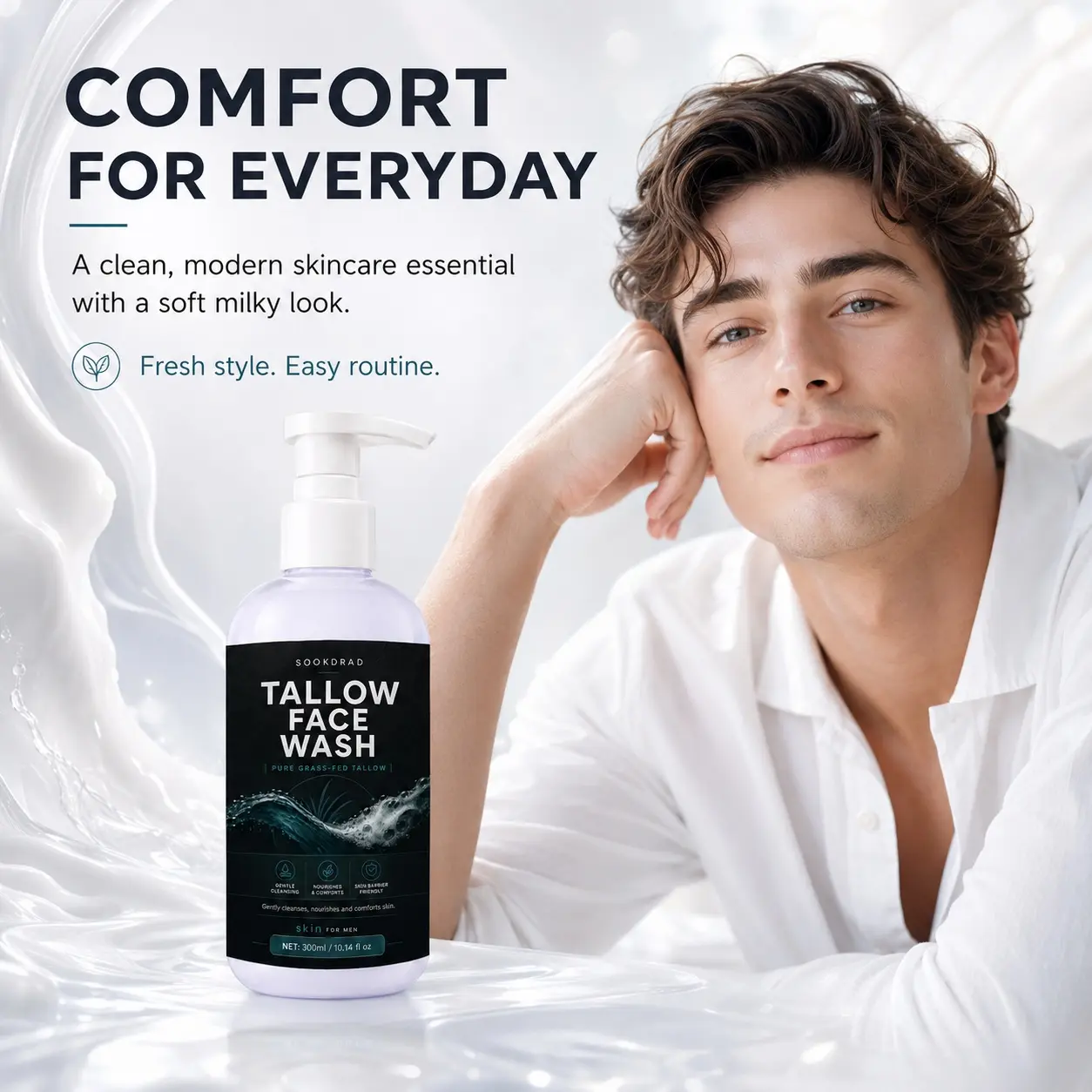 Tallow Face Wash, Pure Grass-Fed Tallow, Gentle Cleansing, Nourishes Skin, Comforts Skin, Skin Barrier Friendly, For Face, For Men, 10.14 fl oz, 300ml