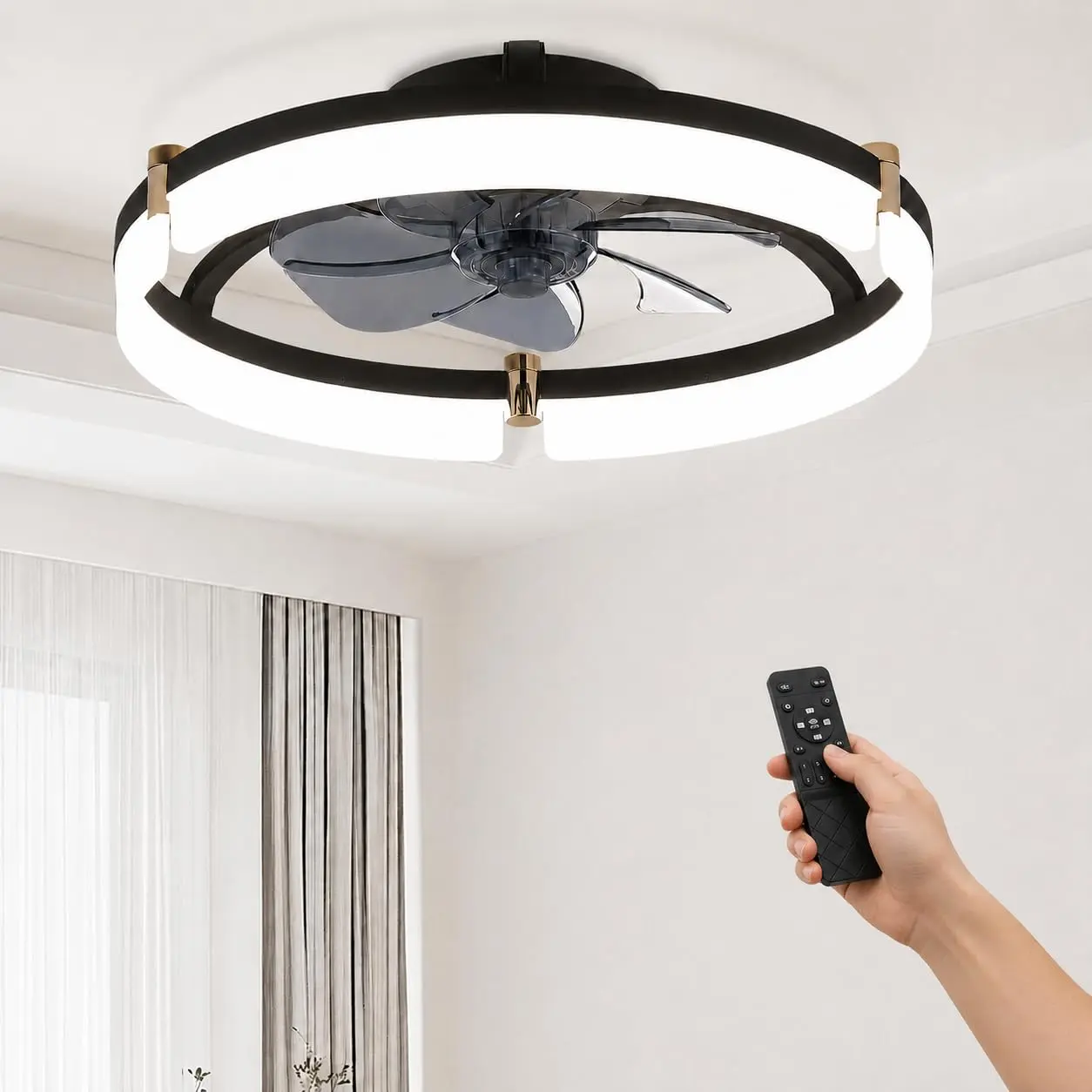 20" Low Profile Flush Mount Ceiling Fan with Lights, Modern LED Fandelier with Detachable Acrylic Shade, Remote Control, Indoor Small Ceiling Fan Light for Bedroom Living Room Kitchen