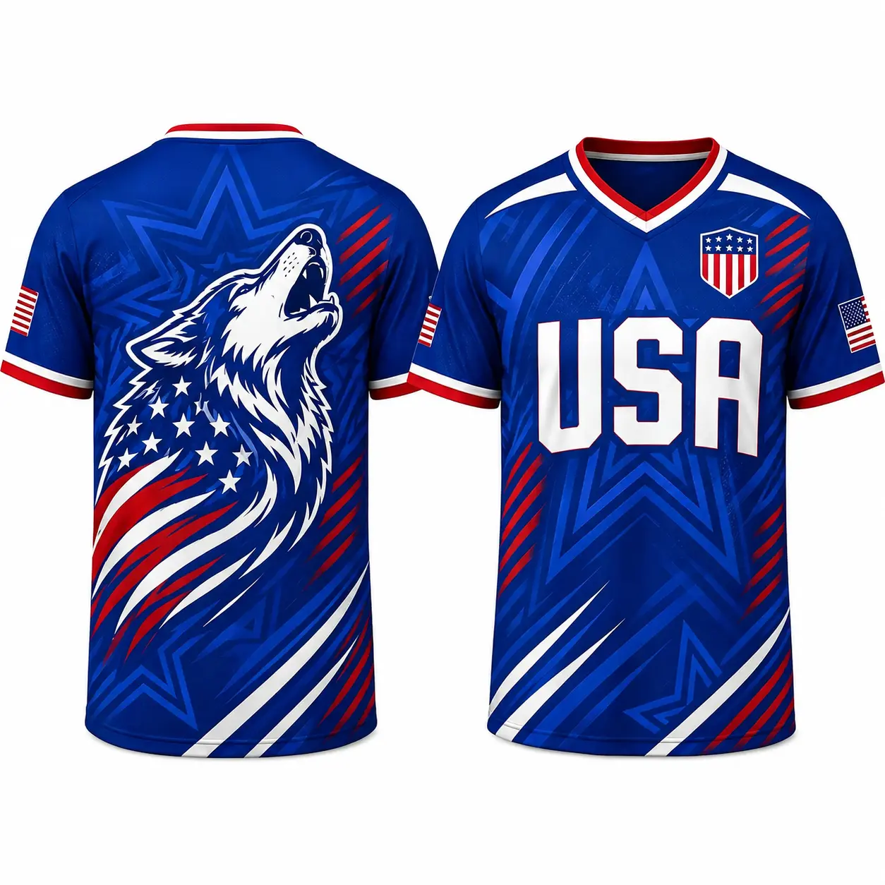 Unisex USA-Inspired Patriotic Wolf Graphic V-Neck Sports Jersey, Lightweight Quick-Dry Fitness Athletic Streetwear, Flag Sleeve Detail Patriotic Art Sporty Chic Top, S-5XL 4th of July Casual Athletic Shirt