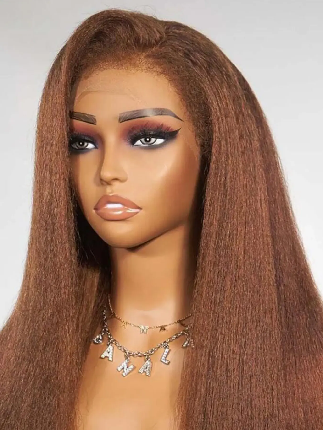 Soft Brown Long 30 Inch 180 Density Natural Yaki Kinky Straight Front Lace Wig, Synthetic Glueless Pre-Plucked Heat Resistant Daily Wear Wig, Long Straight Wigs