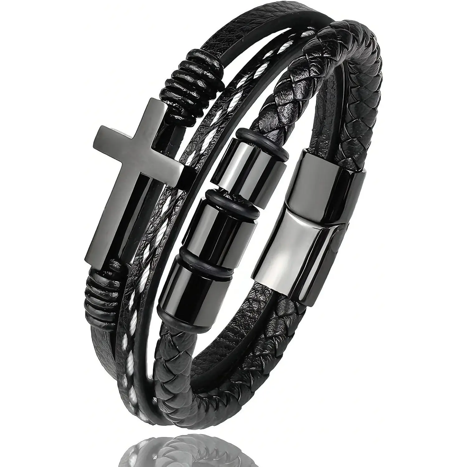 Multi-Layer Braided Leather Bracelets Mens Cross Leather Bracelet Wristband Religious Leather Bracelets Men Customized Gifts