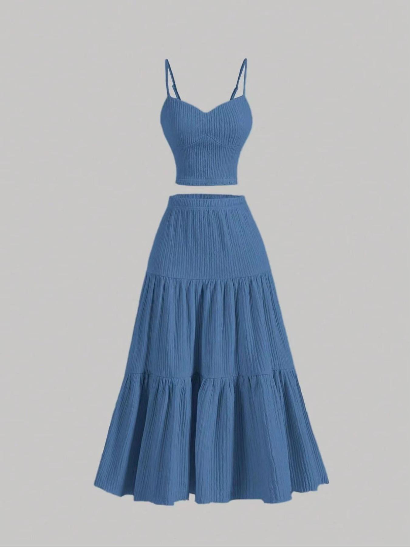 Women's Solid Crop Cami Top & A-line Skirt Two-piece Set, Casual Fashion Cozy Two Piece Outfits for Daily Outdoor Wear, Ladies Clothes for Summer