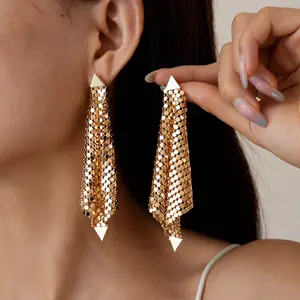 Statement Tassel Earrings for Women, Gold Plated Long Dangle with Triangle Top and Shiny Sequin Mesh, Evening Party Jewelry, Jewelry For Women