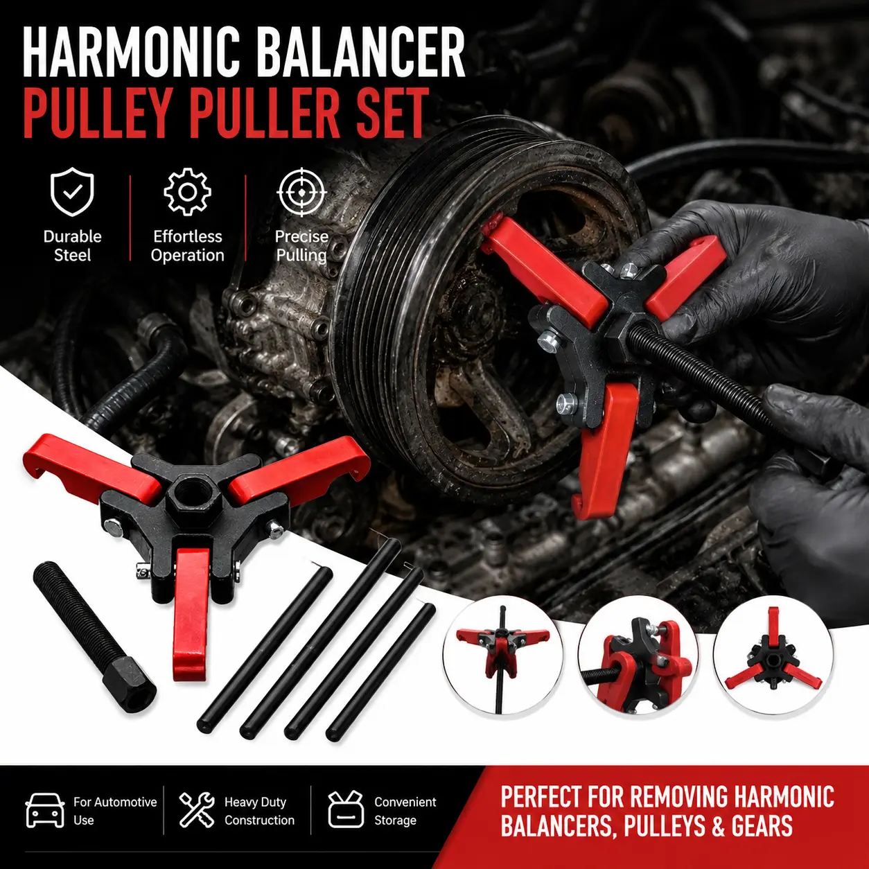 Automotive 3-Jaw Adjustable Harmonic Balancer Pulley Puller Tool Set, Automotive Tools - 1x3-Jaw Puller, 1xForcing Screw, 5-Car Repair Accessories for Chevy, GM, Chrysler, Cadillac, Ford Dampers Removal