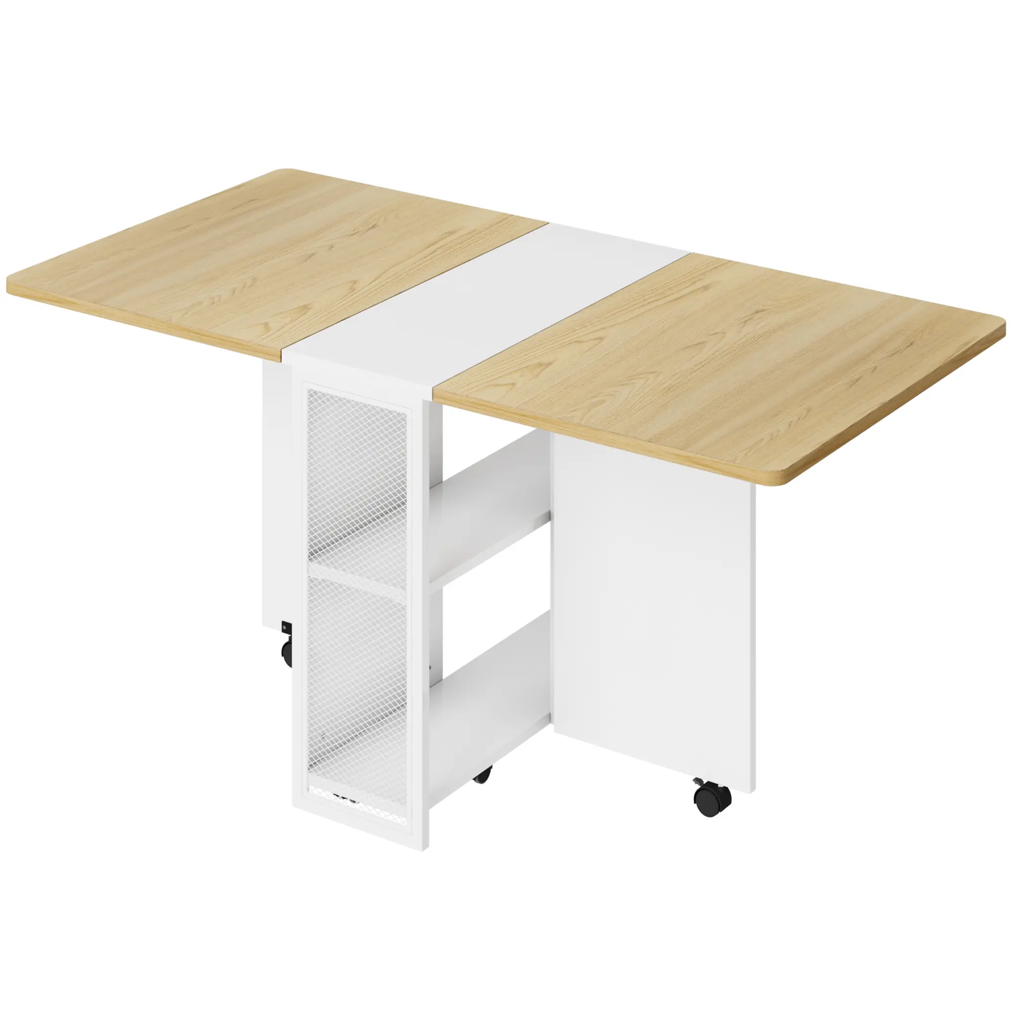 Folding Dining Table, Spacing Saving Expandable Dinner Table with Wheels, Multifunctional Drop Leaf Extension Table with 2 Tier Storage Shelves for for Kitchen, Living Room