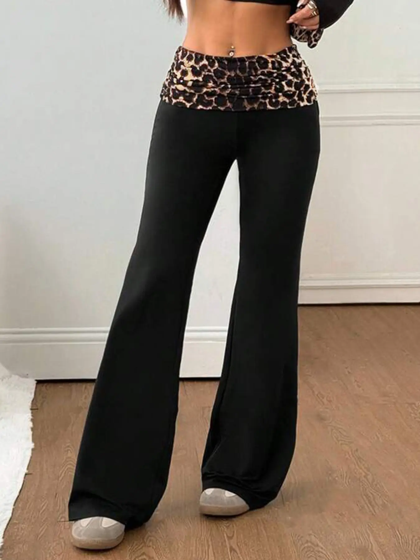 New Leopard Print High-Waisted Flare Pants for Women, Folded Hem Stretchy Micro-Flare Floor-Length Pants, American Retro Slim Fit Casual Long Pants