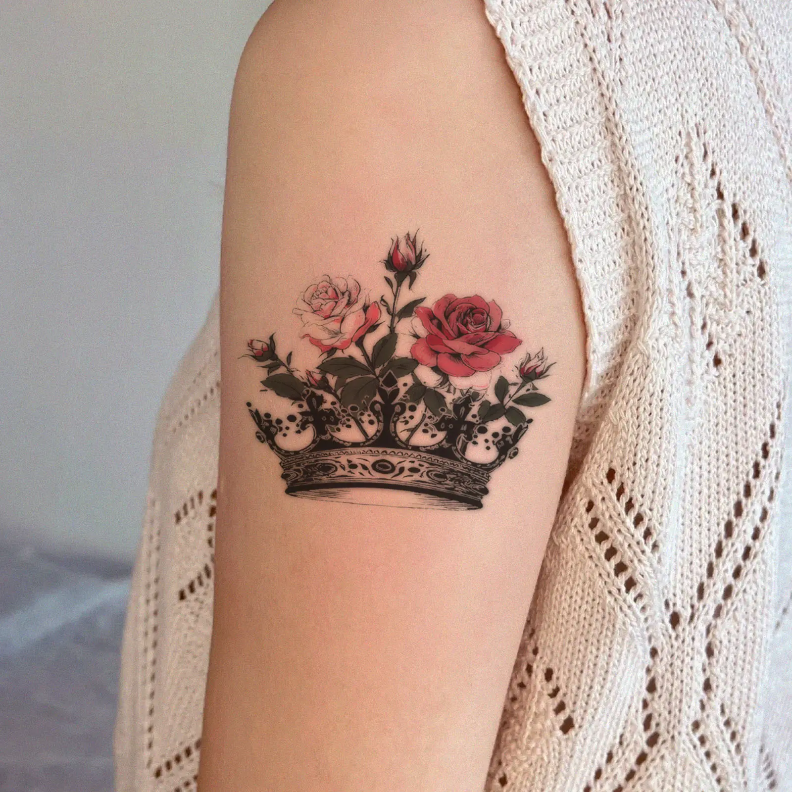 4PC Waterproof Tattoo Sticker, Trending Dark Gothic Crown Rose Tattoo Decal, Minimal High-End Skin Print, Non-Reflective Long Lasting Temporary Tattoo for Students Arm Wrist