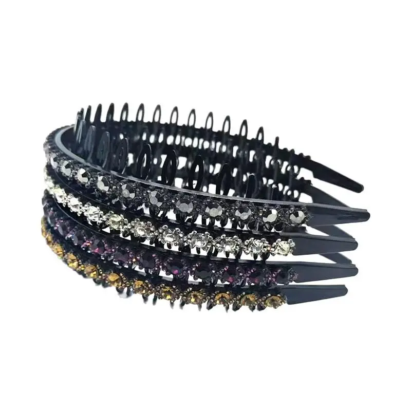 Glamorous Rhinestone Headband for Women, Flexible Bendable Plastic Hair Accessory with Non-Slip Teeth for Casual Hair Styling, Daily, Inlaid Rhinestones, Female, Jagged Teeth, Headbands For Women, Matte Black, Zig Zag Headbands
