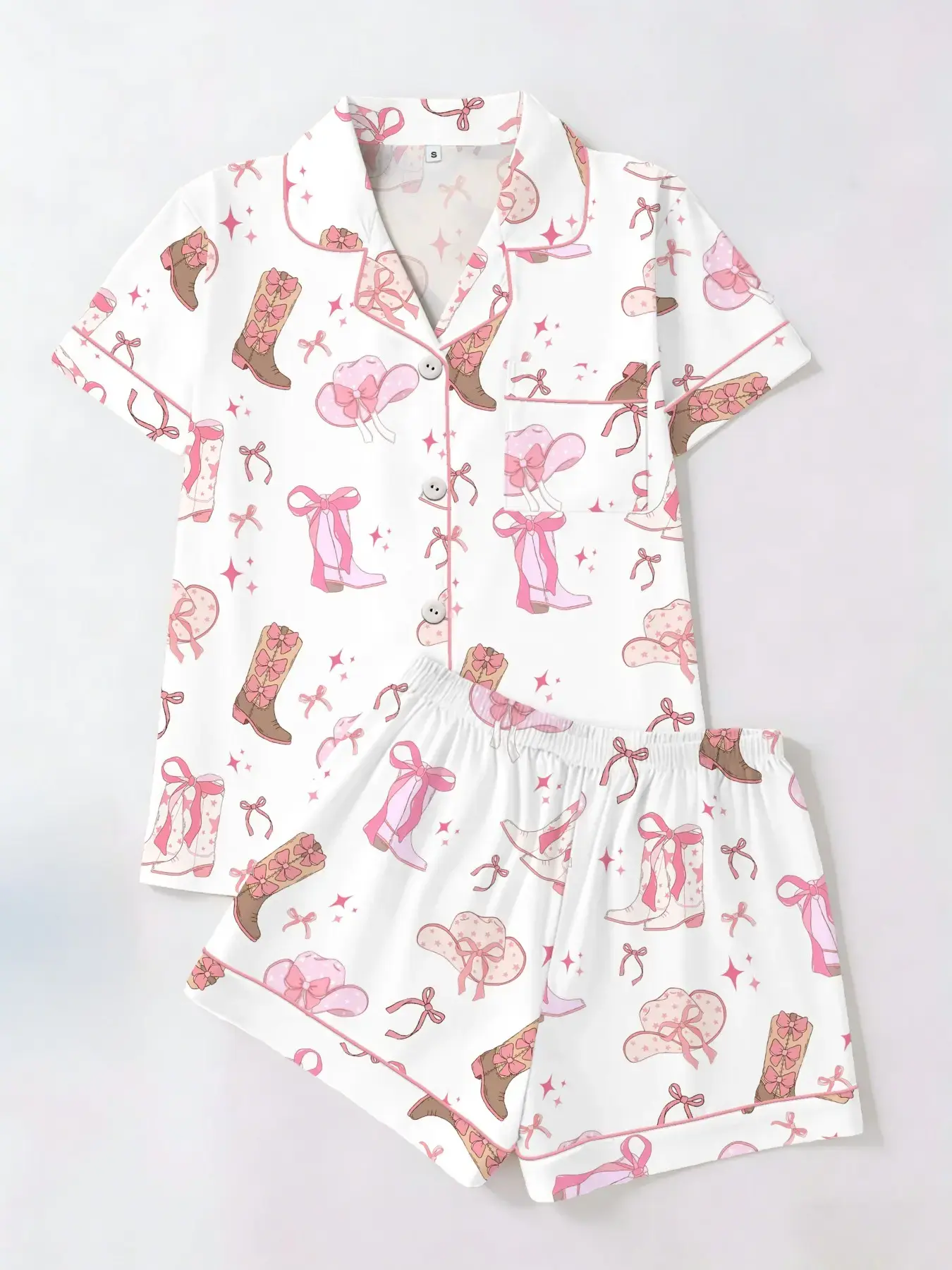 Spring Summer Women's Cardigan Lapel Short Sleeve Shorts Set, Western Style Printed Casual Home Wear, Loose Fit Comfortable Sleepwear Loungewear Pjs Pajama Set, Nightwear Loungewear Set