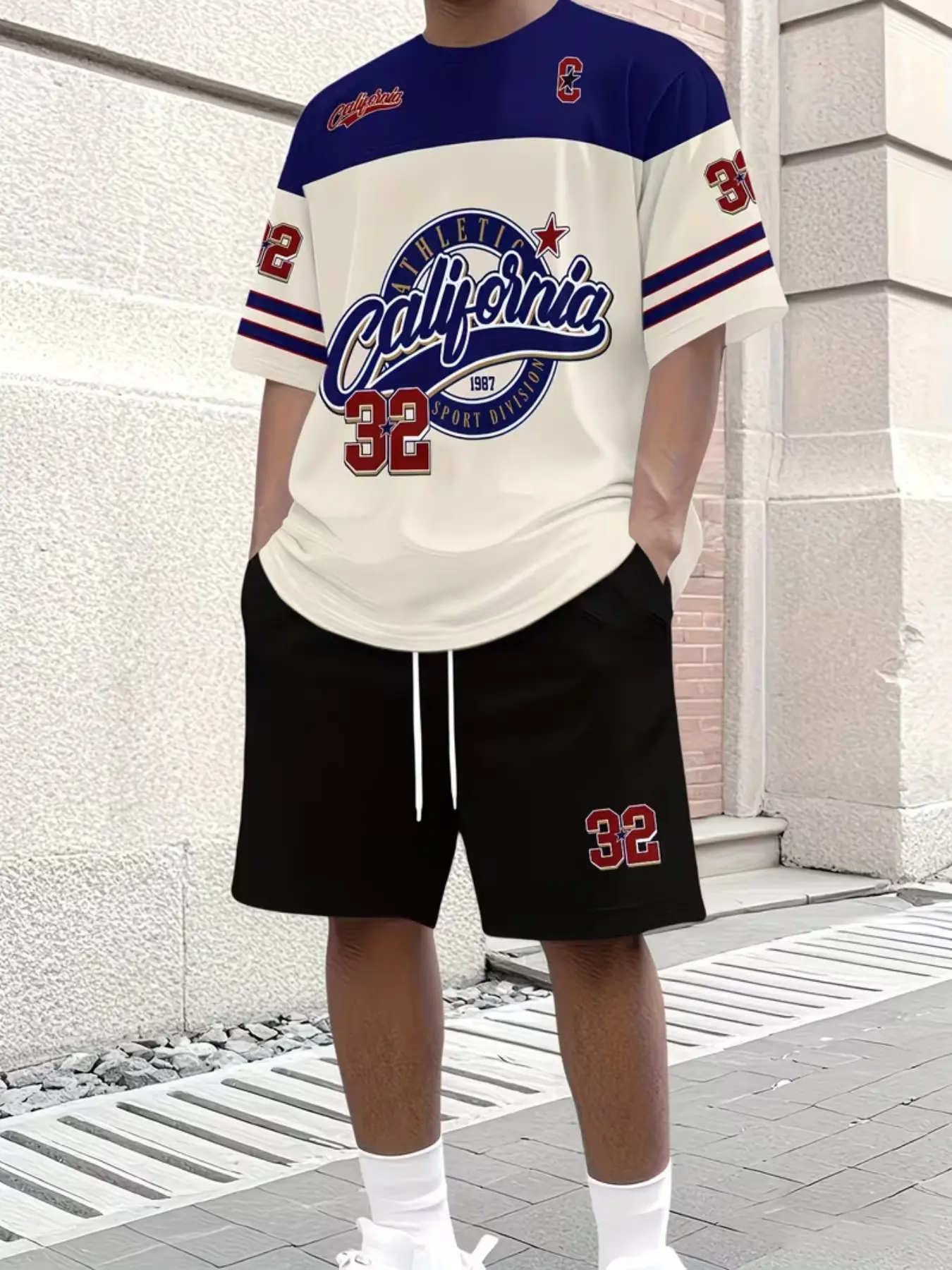 Men's Retro California 32 Set, Colorblock Short Sleeve T-Shirt and Drawstring Shorts, Summer Casual Streetwear
