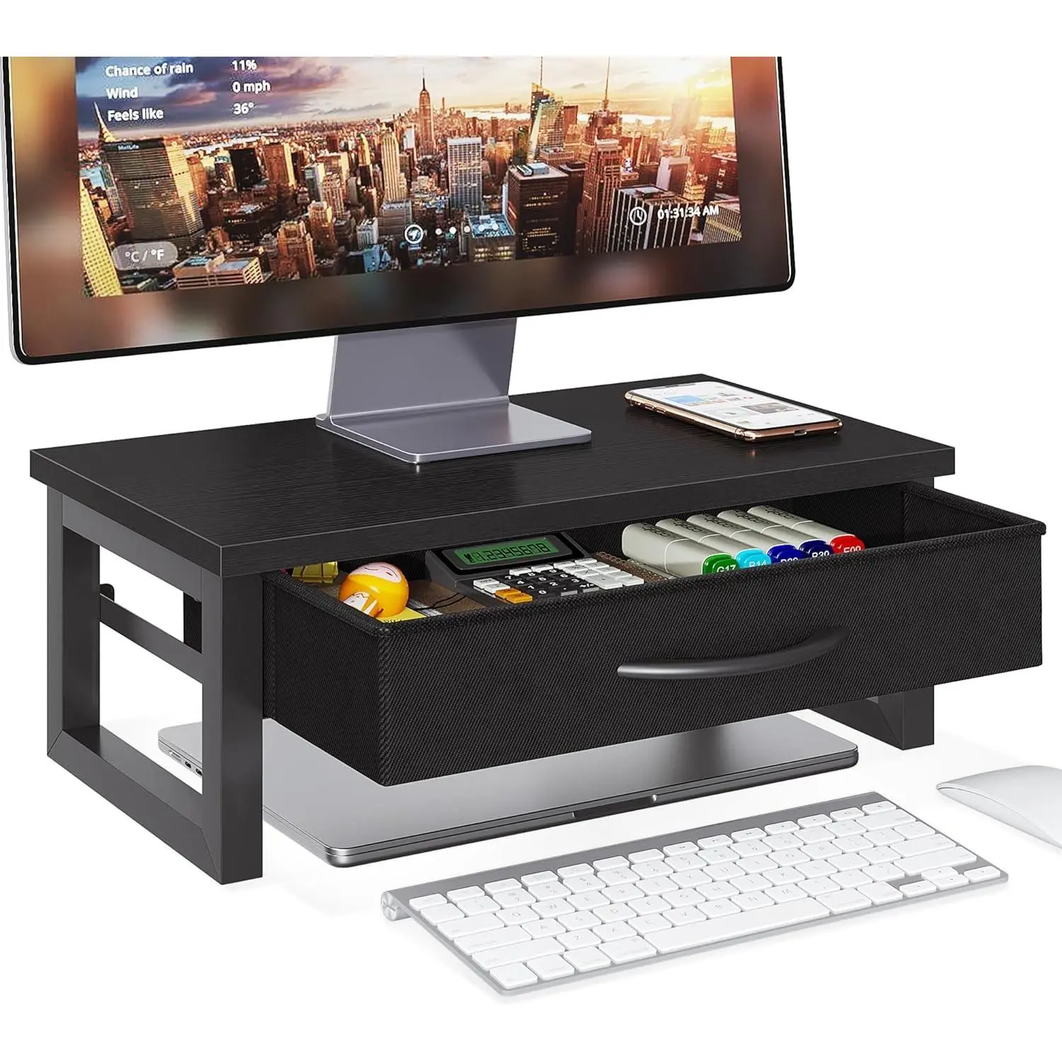 2-Tiered Wooden Desk Riser & Stand with Drawer Storage, Office Desk Organizer for Computer-Laptops & Office Accessories, Desk Stand