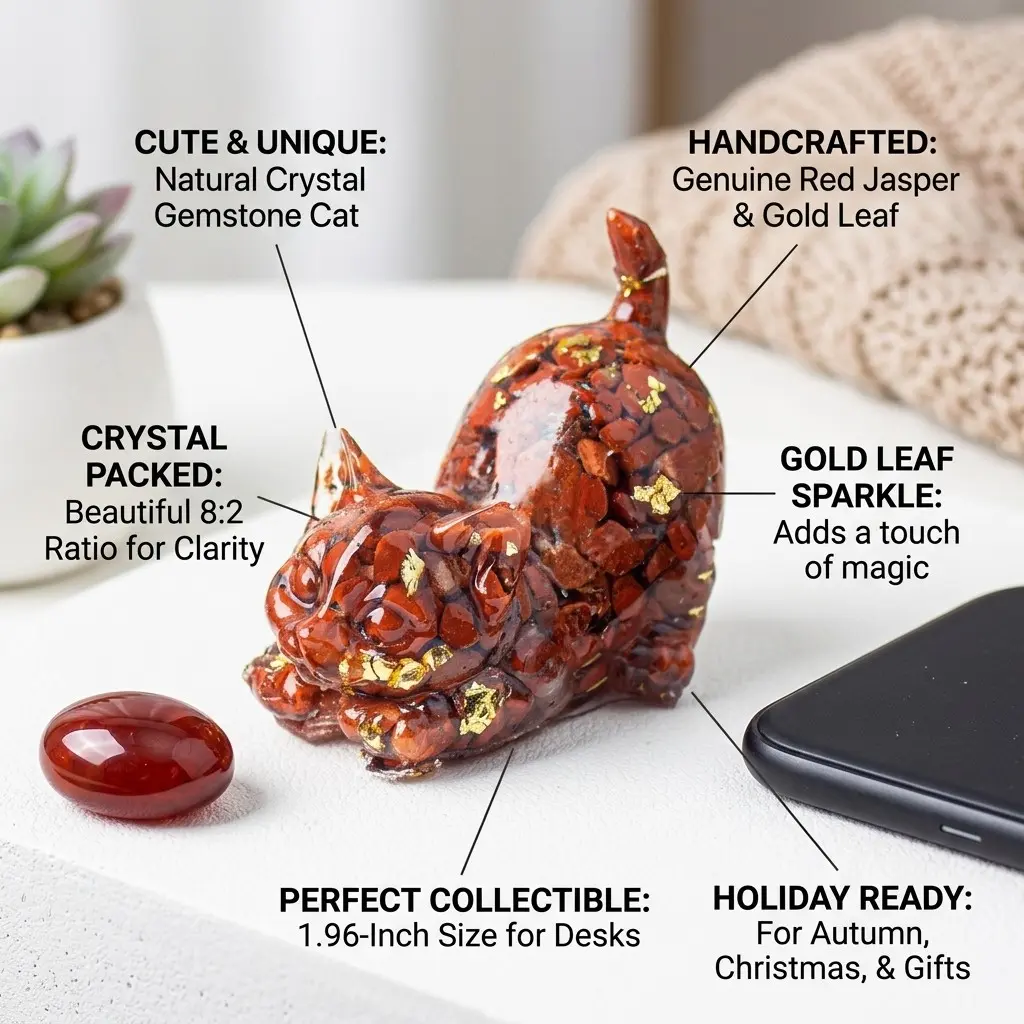 Crystal Cat Gem Decoration, 1.96 Inch Mini Resin Cat Sculpture, Natural Crystal, Halloween, Christmas, Fall Decor, Home Ornament