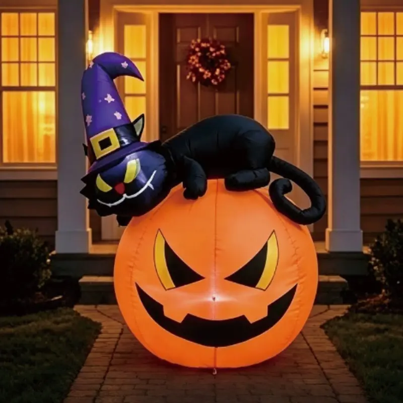 1.2m Halloween Inflatable Cat Pumpkin Balloon LED Light, Outdoor Garden Lawn Decoration, Party Ornament, Festive Decorations