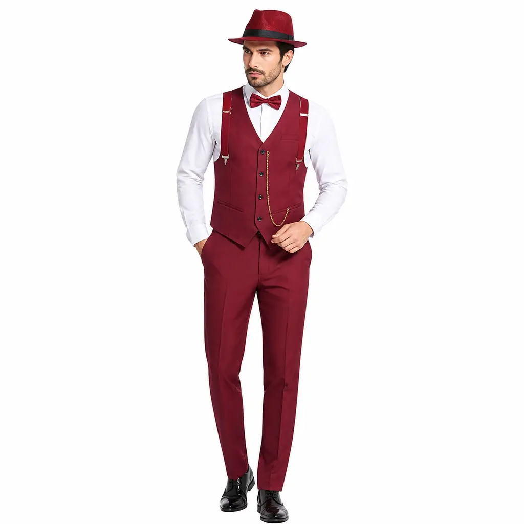 Men's 1920s Vintage Gentleman Costume Accessories Set - Wine Red Roaring 20s Party Kit with Vest, Fedora Hat, Suspenders, Tie, Bow Tie, Pocket Watch, Faux Mustaches for Adult Halloween Cosplay, Retro Events