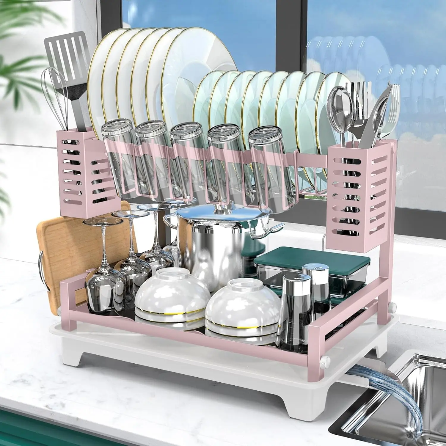 2-Tier Rust-Proof Dish Drying Rack with Drainboard & Utensil Holders for Baby & Maternity Kitchen Counter Organization