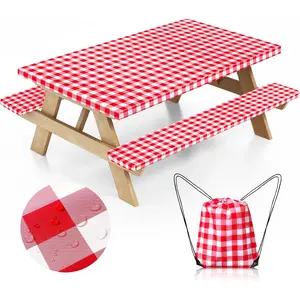 Picnic Table Cover with Bench Covers and Bag, Camping Table Camping Essentials Cover with Elastic Edges (Red)
