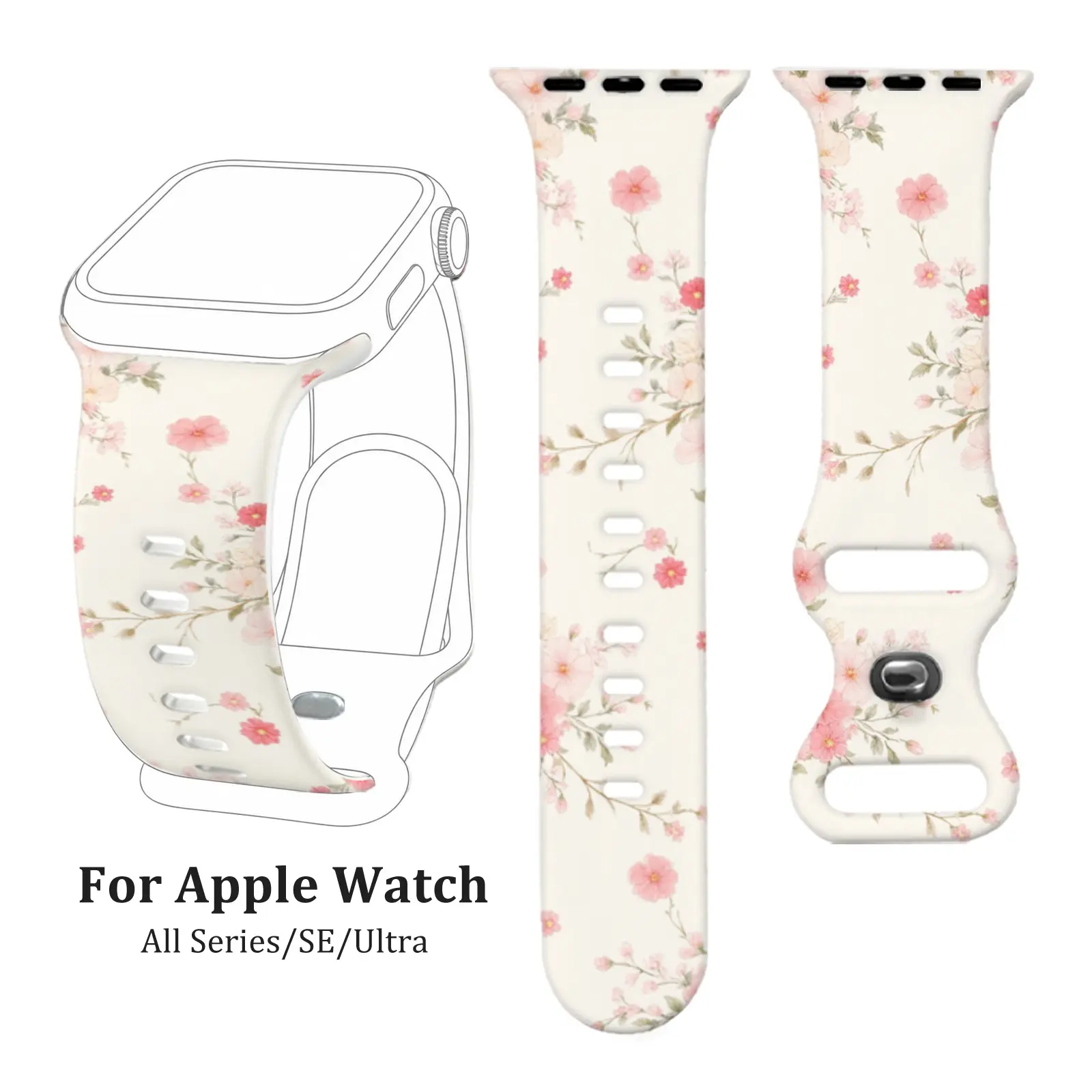Cream Pink Cherry Blossom Soft Silicone Strap, Smartwatch Replacement Straps For Apple Watch Series 4-10, SE1-2, Ultra1-3, Floral Printed Sport Wristband for Women Men, Comfortable Daily Wear, Mother's Day & Holiday Gift, Wearable Tech Accessories