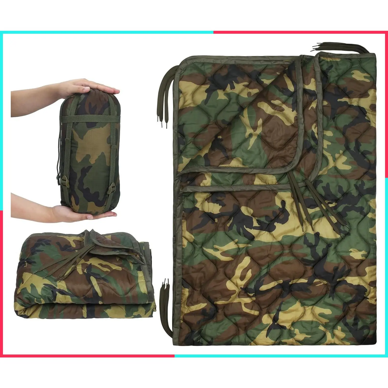 Military Camo Insulated Poncho Liner Woobie Blanket for Outdoor Camping Hiking Survival Hunting