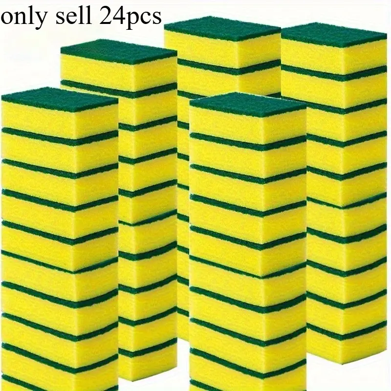 24pcs High-Quality Dishwashing Sponge - Double-Layer, Powerful Decontamination, Yellow + Green, Fibrous Material with Sand for Increased Friction, High-Density & Soft, with Detergent for Easy Rinsing, for Kitchen/Furniture/Bathroom Cleaning, Dish Sponges