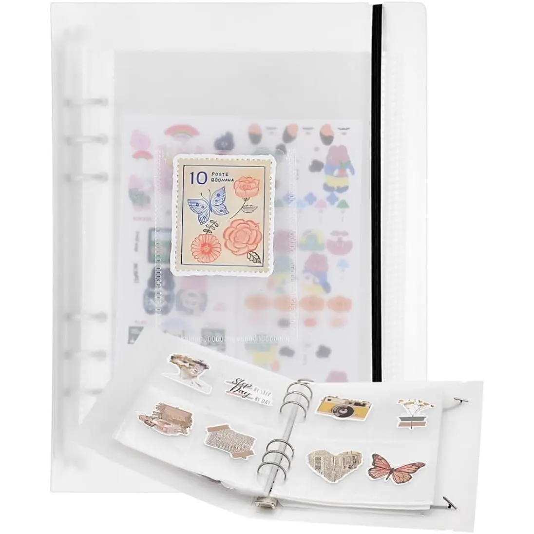 A5 Sticker Organizer Binder Album, 200 Pocket Sticker Storage Binder Sleeves for Recipe Cards Display & Protector, 3 Different Sized Pockets