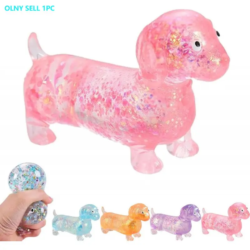 Dachshund Squishy, Glitter Weiner Dog Maltose Stress Ball, Slow Rise Fidget for Anxiety Relief, Soft Squeeze Desk Gadget for Home Office Travel, Stress Relief Fidgets