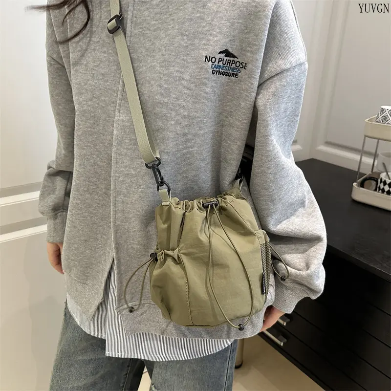 Sporty Nylon Crossbody Sling Bag for Women & Men, Mini Lightweight Drawstring Travel Bag with Side Pockets for Hiking, Crossbody Bags For Women