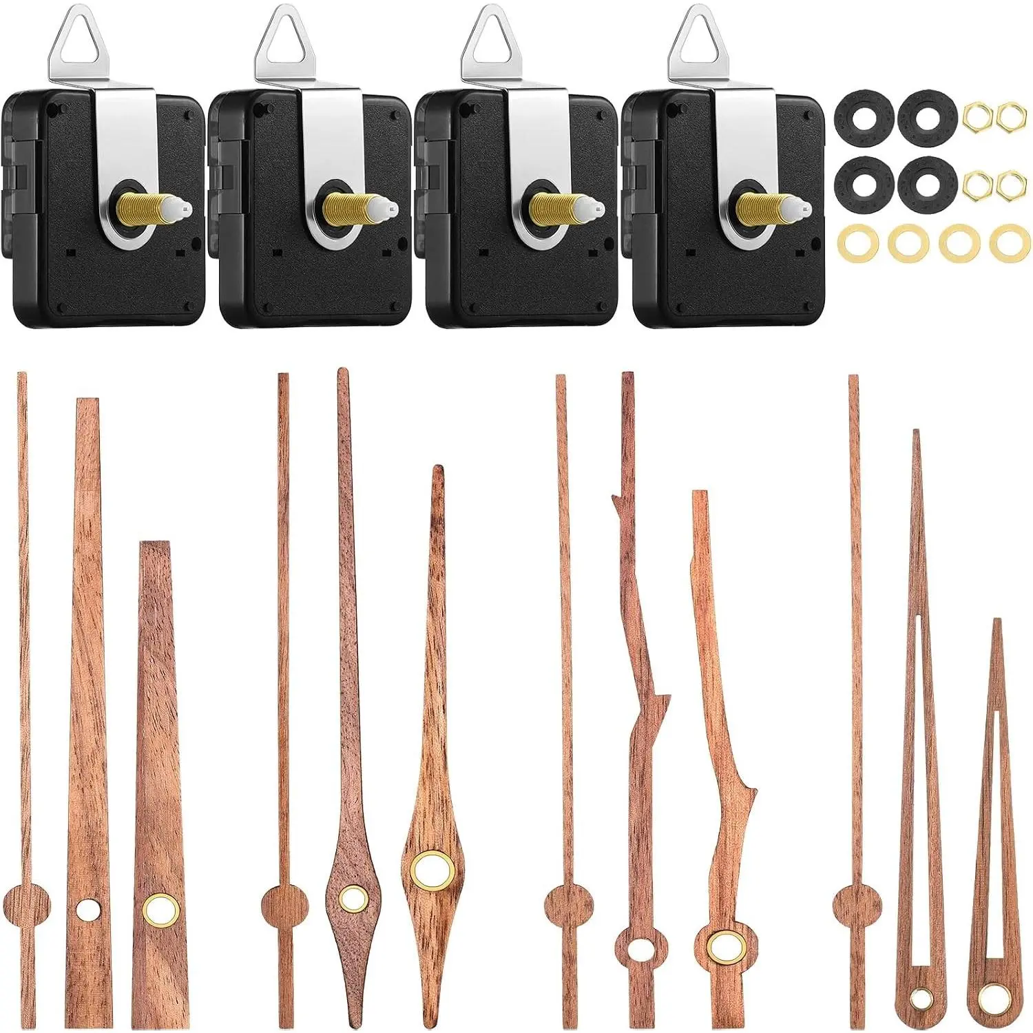 4 Pcs Quartz Clock Mechanism Replacement Kit with 4 Types of Walnut Wood Clock Hands for DIY Repair Parts Accessories(Fit for 12 Inch Clock, 28 mm)