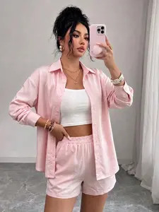 Women's Long Sleeve Shirt Soft Skin-Friendly Top and Short Pants Set, Casual Home Wear Two-Piece, Fitted Leisure Clothing Womenswear