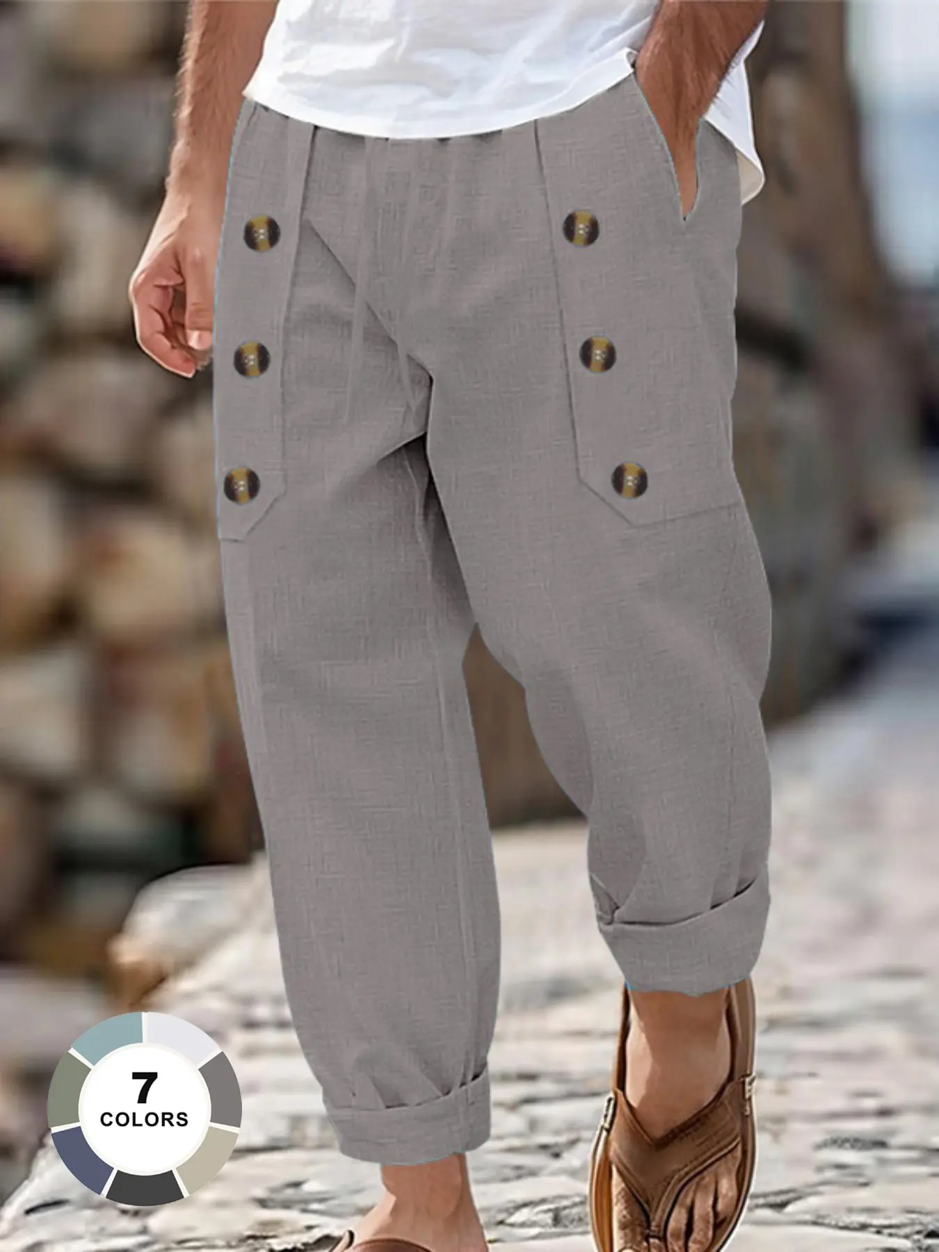 Men's Linen Button-Front Long Pants, Drawstring Waist, Cuffed Ankles, Breathable, Versatile, Casual Fashion Loose, Classy Casual Trousers, Vintage Casual Trousers