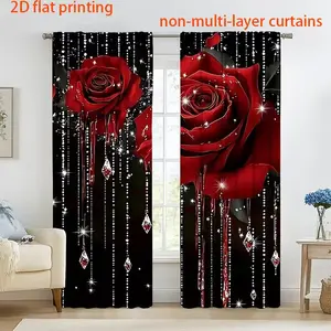 2-Piece Pearl Rose Print Window Curtain Set, Home Decoration Curtain, Durable Semi-Transparent Polyester Fabric, Washable, Ideal for Bedroom/living Room/library