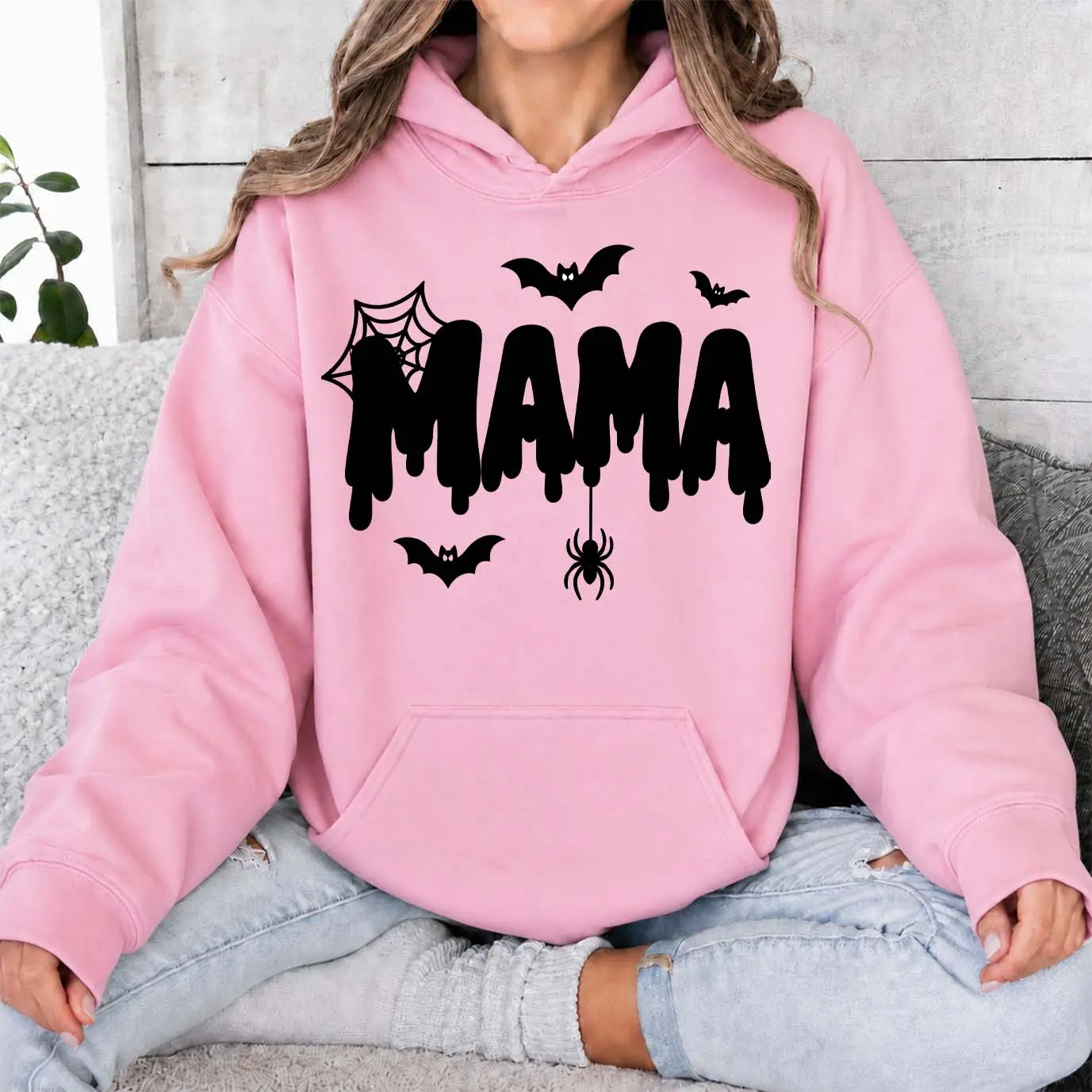 Women’s Pink Halloween Mom Graphic Hoodie, Spooky Bat Spider & Web Print Pullover Sweatshirt, Cozy Long Sleeve Fall Top with Front Pocket, Cute Autumn Hoodie for Moms, Halloween Parties, Trick or Treat Nights & Weekend Wear