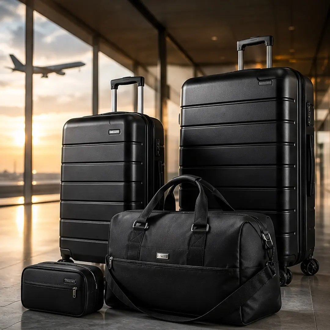 ARCH 4-Piece ABS Hardshell Luggage Set - 20-Inch Carry-On, 28-Inch Checked Suitcase, Travel Duffel Bag, Wet-Dry Toiletry Bag - Spinner Wheels, TSA Approved Lock, Telescopic Handles, ABS Plastic (11.50W x 18.50D, Black) for Travel, Business Trips, 11.50 W
