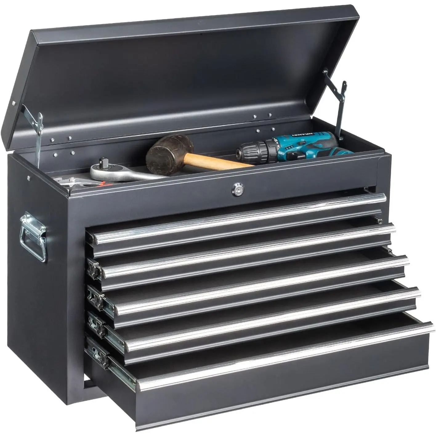 24" Portable Metal Tool Box, 5 Drawers Toolbox with Top Storage Tray, Carry Handle, Ball Bearing Runners, Lockable Tool Chest Cabinet for Garage, Warehouse, Repair Shop & Home, Black