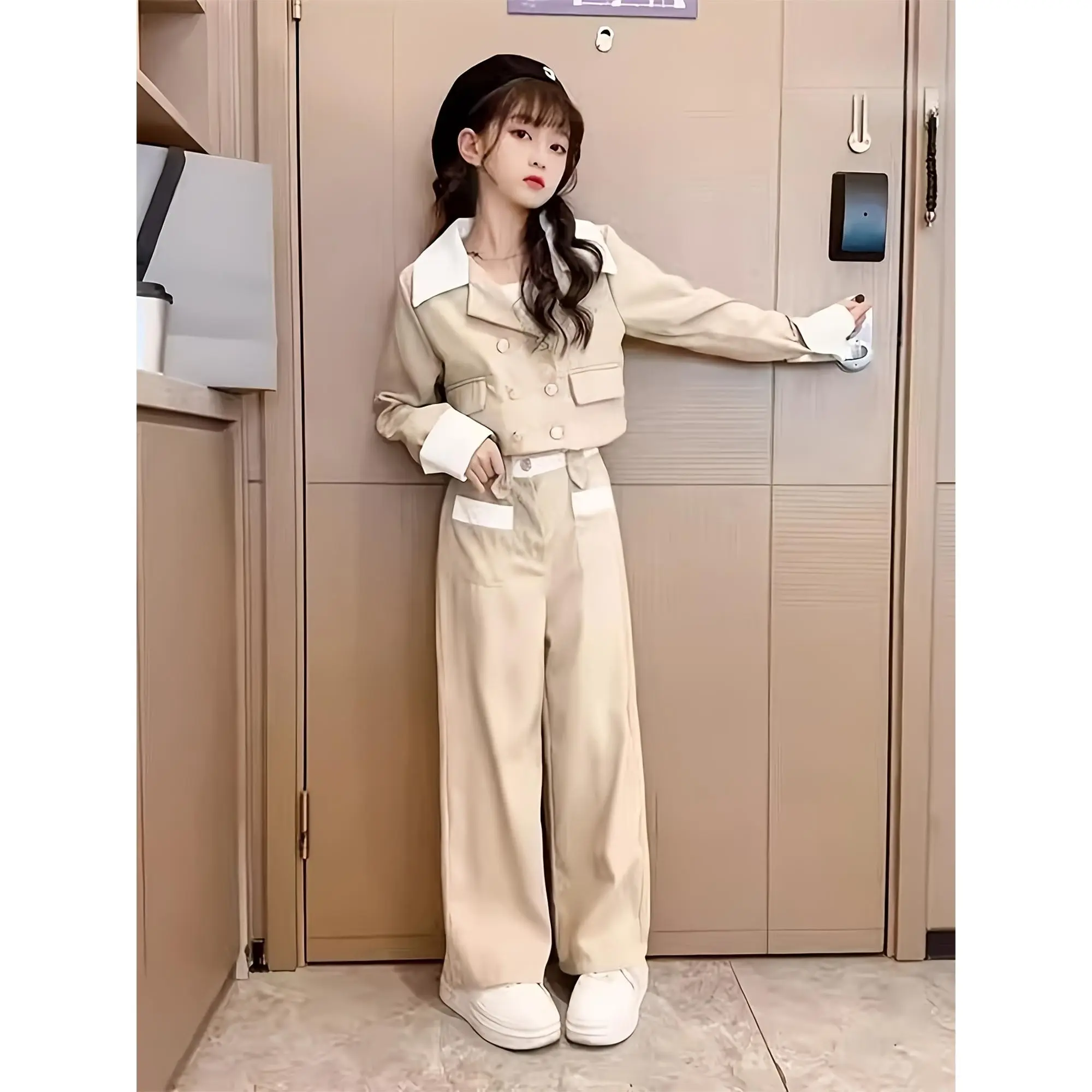 Girls' 2‑Piece Tweed Blazer & Wide‑Leg Pants Outfit Set For 7‑15 Years Old, Easy‑To‑Wash Stylish Coordinated Suit, Premium Soft Fabric, Versatile Costume‑Ready Wear For Girls’ Campus Events, Gallery‑Themed Activities, School Gatherings And Daily Casual