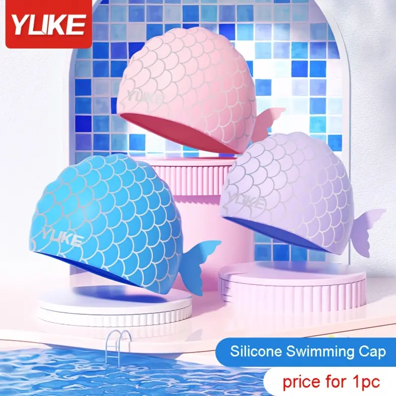 YUKE Silicone Swimming Cap, Waterproof, for Men and Women, Cute Fish Scale Print with Fish Tail, Fish-Shaped Swim Cap