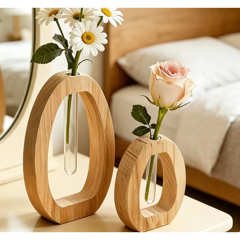 2PCS Japanese-style wooden glass tube vase, minimalist design, Instagram-worthy desktop hydroponic vase, perfect for home décor, entryway decoration, and suitable for living room, bedroom, and office.