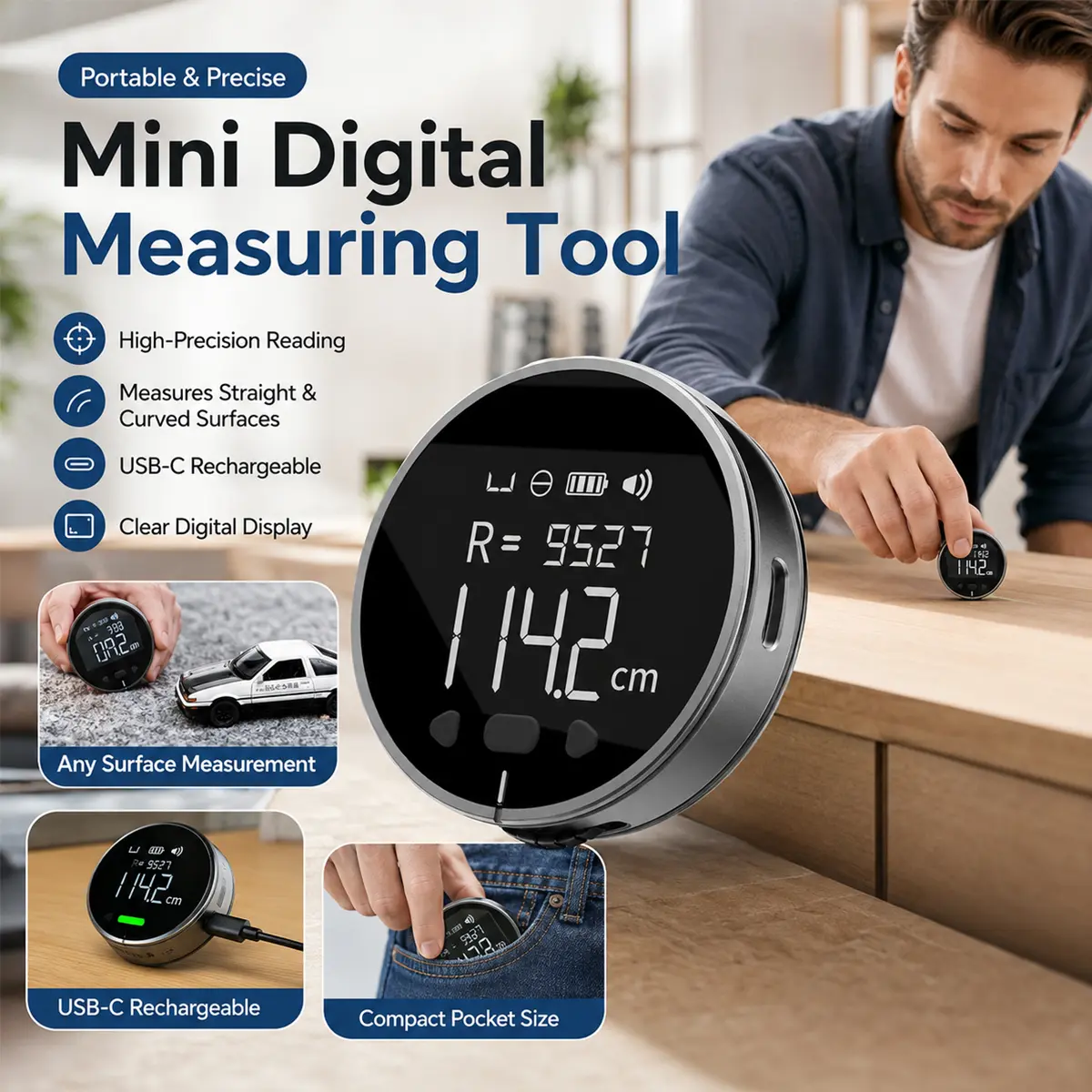 Digital Tape Measure, Portable Electronic Rolling Ruler with LCD Display, Rechargeable Smart Measuring Tool for Straight Curved Arc Diameter and Irregular Surface Measurement, High Accuracy for Home, DIY, Tailor, Craftsmen and Room Measuring