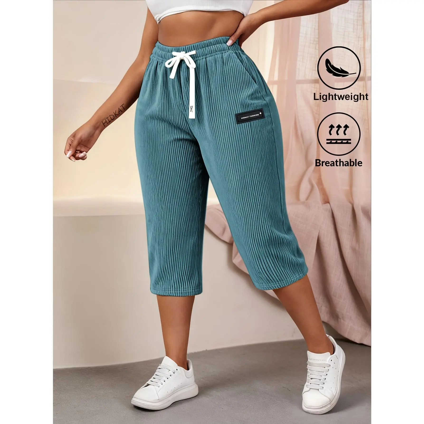 Fashion Ladies Corduroy Cropped Capris Slim Fit Solid Color Casual Pants Adjustable Waistband Soft Skin-Friendly Ideal for Summer Daily Street Leisure Outfit Women's Clothing